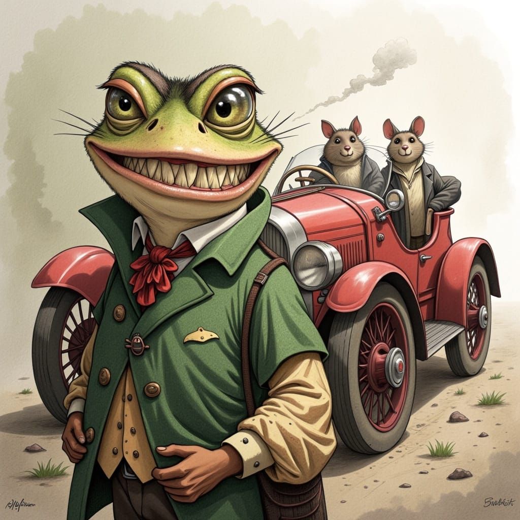 Charming Mr. Toad Admires His Vintage Motorcar in Traditiona...