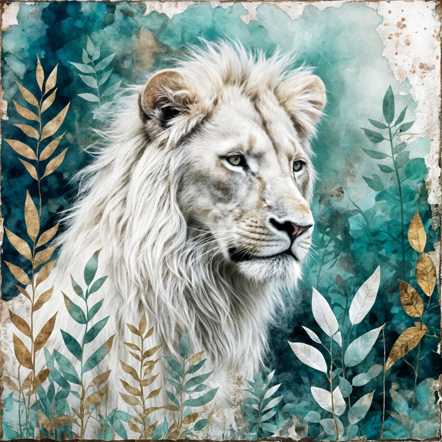 Whimsical White Lion in Jungle, Modern Art Style