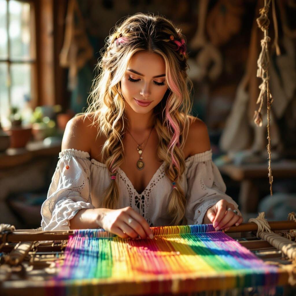 Boho Woman Weaving Rainbow on Traditional Loom