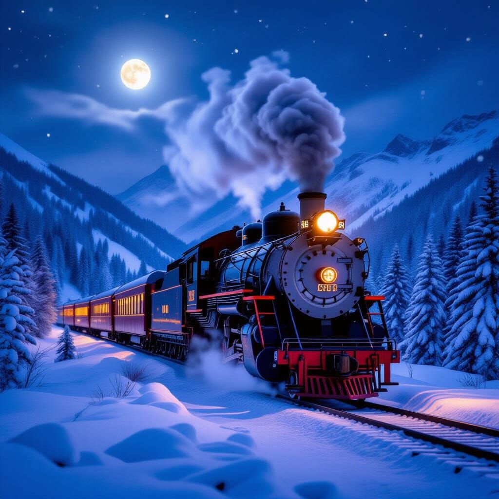 Red Steam Train in Snowy Mountain Pass