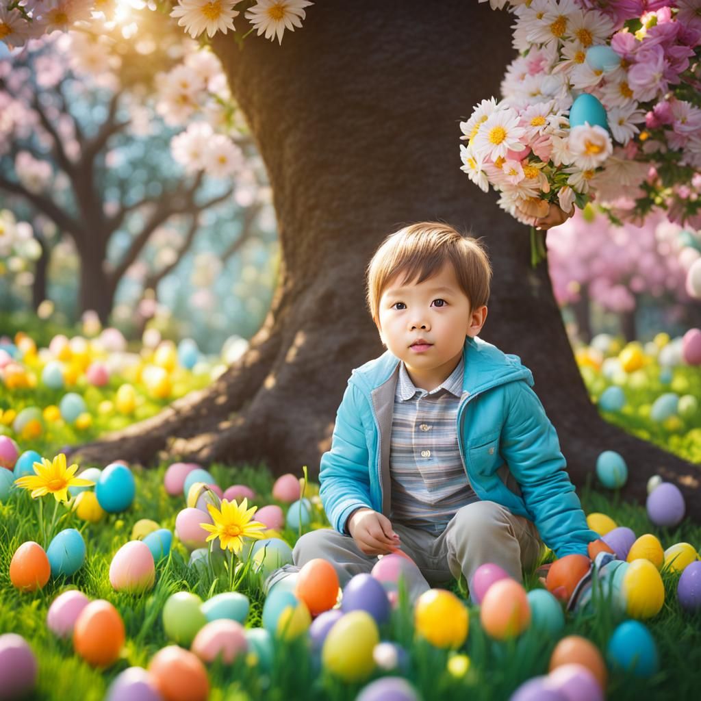 Kawaii Boy Easter Egg Hunt in Pastel Garden