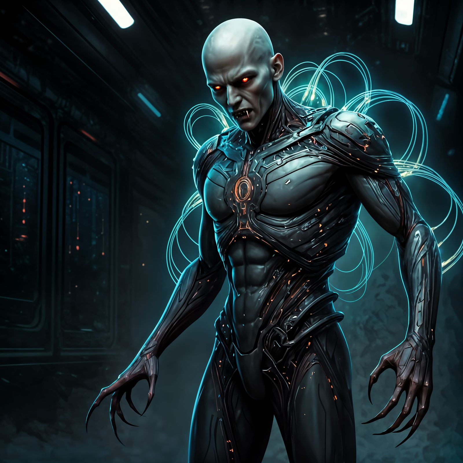 Bioengineered Vampire in Futuristic Laboratory