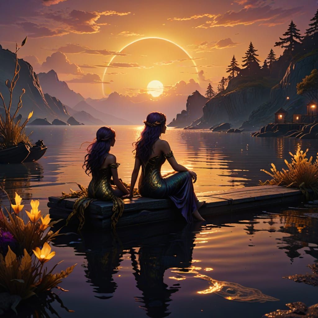 Ethereal Mermaids Bask in Sunset on Mystical Dock