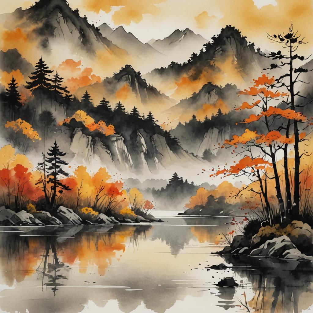 Autumn Lake Ink Illustration with Mountains and Trees