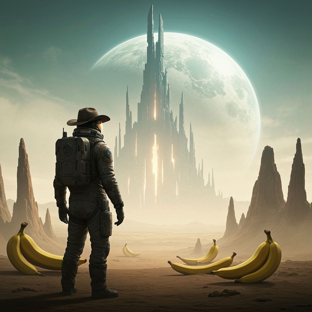 Cowboy Astronaut Gazes at Alien Ruin