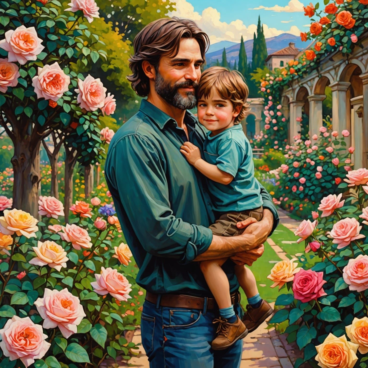 Father and Son in Rose Garden, Anime Style