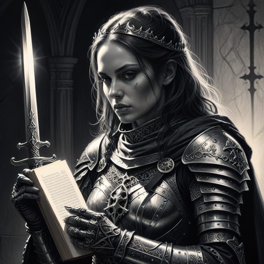 Lady Templar with Sword and Book in Gothic Charcoal Style