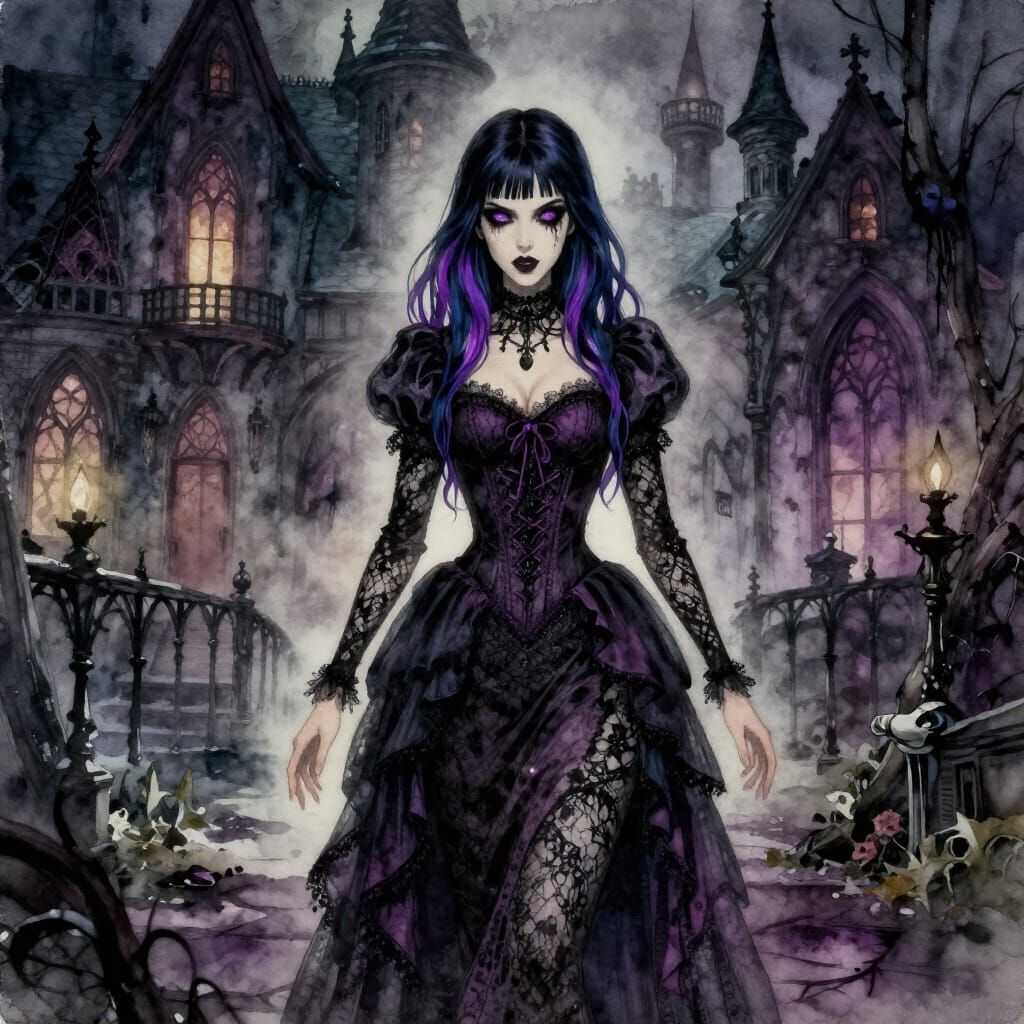 Gothic Woman in Spooky Mansion, Horror Watercolor Style