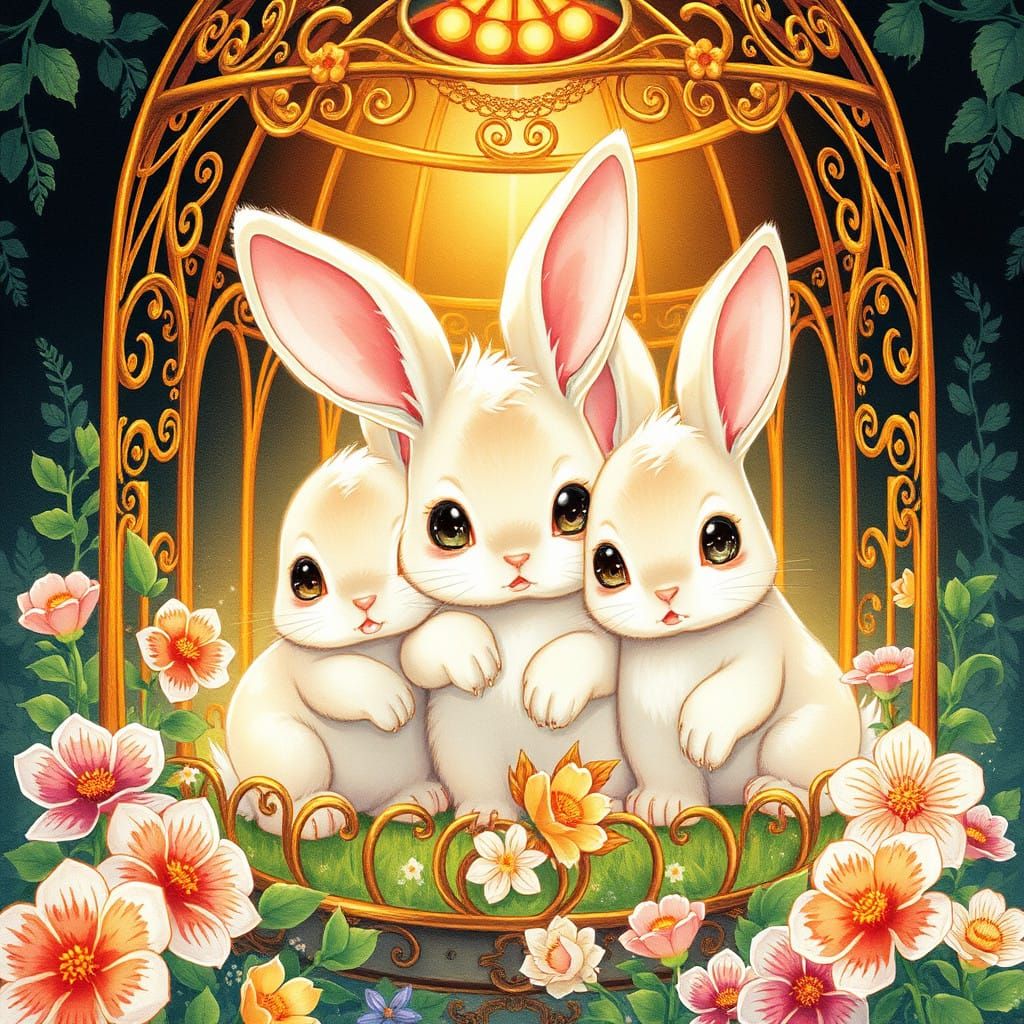 Anime Bunnies in Elegant, Golden Cage