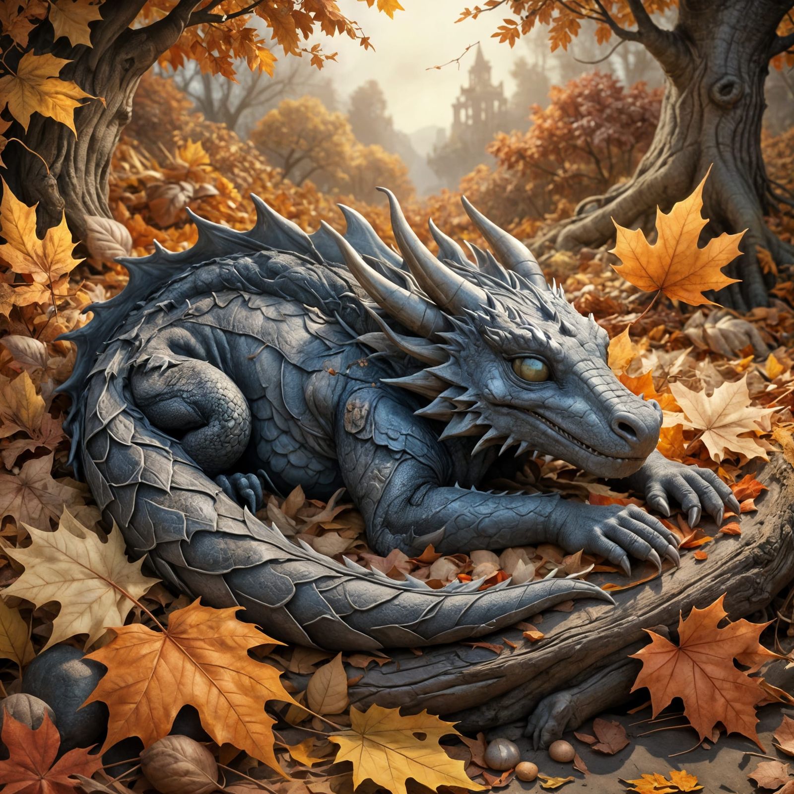 Sleeping Dragon in Autumn Leaves, Charcoal Drawing