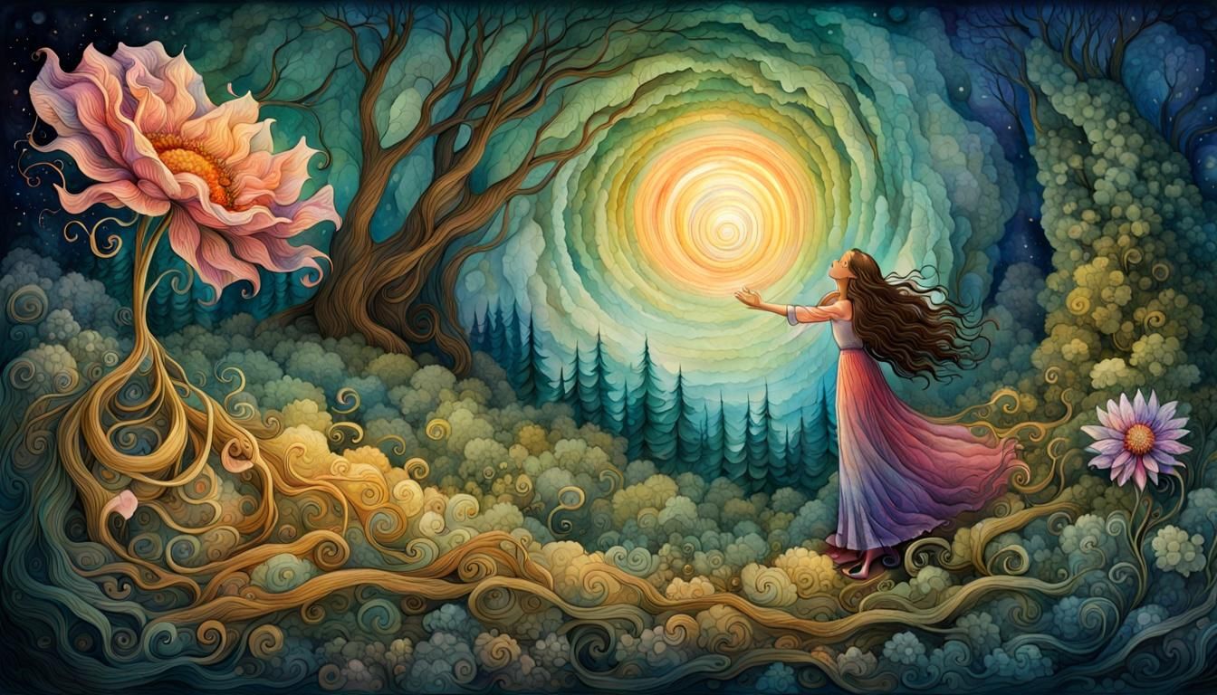 Woman with Flower in Forest, Watercolor Style