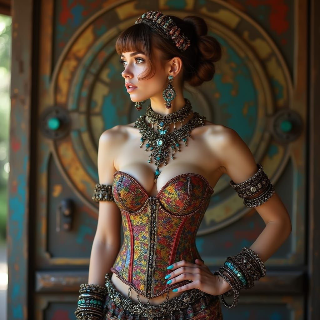 Steampunk Woman with Beaded Corset in Syd Mead Style
