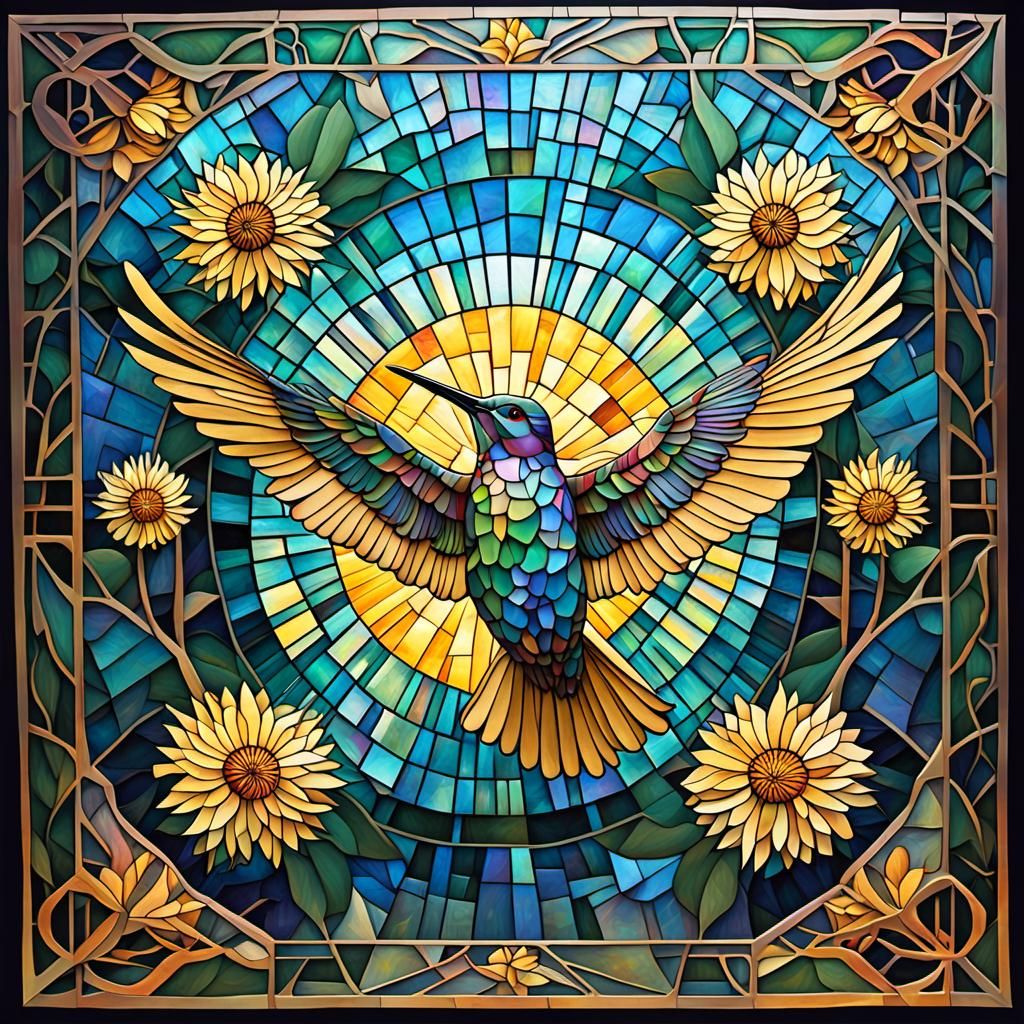 Iridescent Hummingbird over Cubist Dandelions in Art Nouveau...