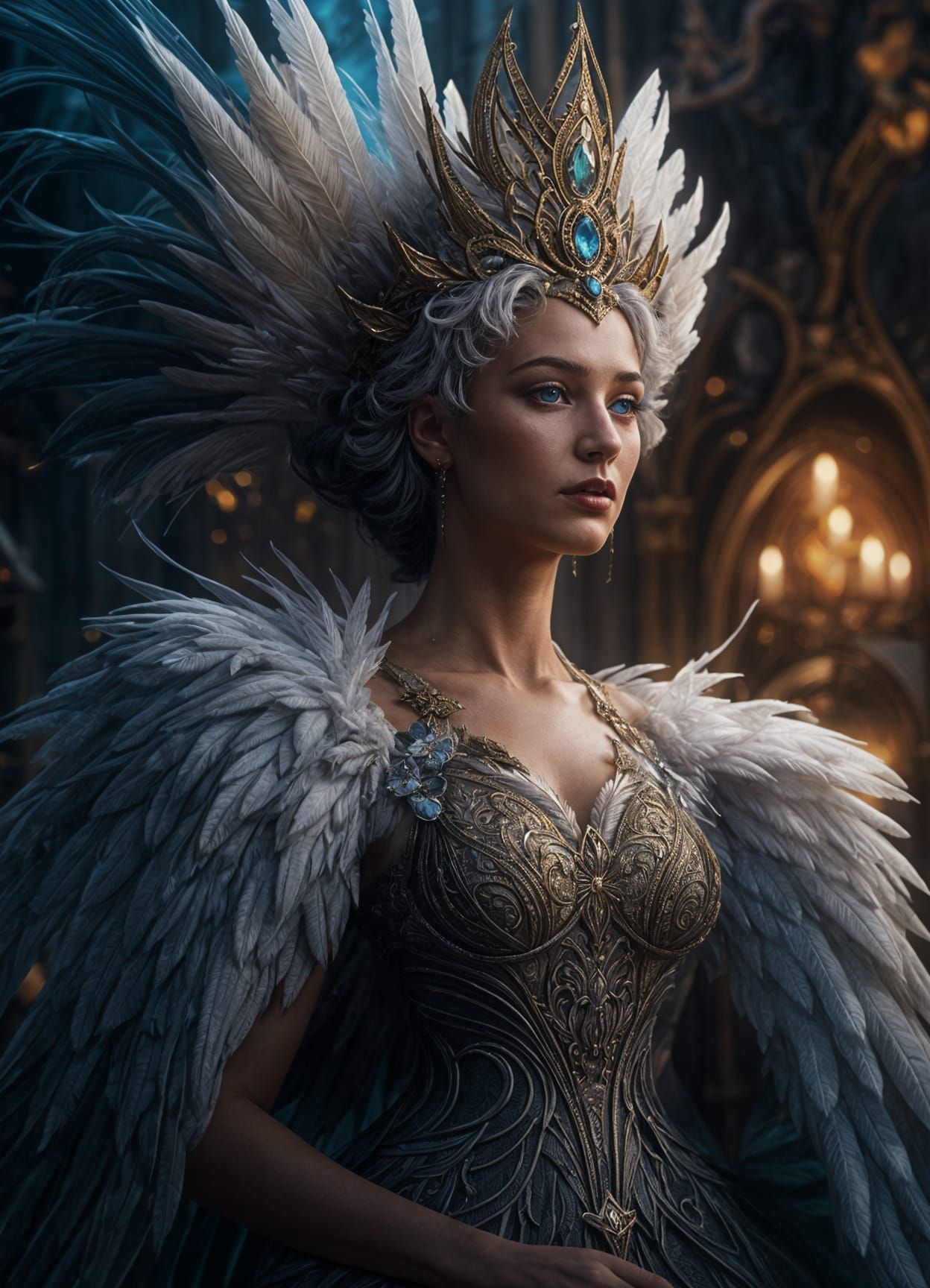 Swan Feathered Queen in Detailed Fantasy Art