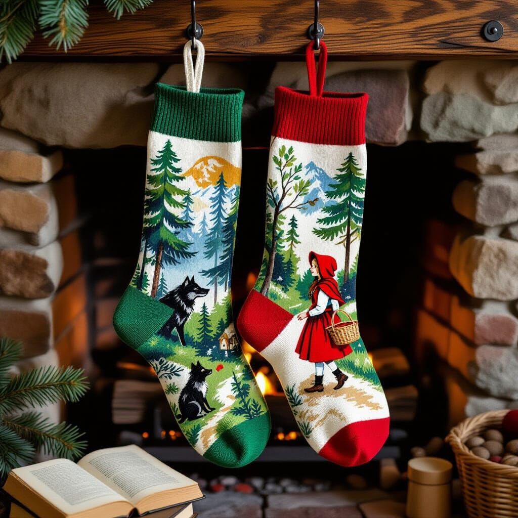 Visual Fairy Tale Socks Above Fireplace