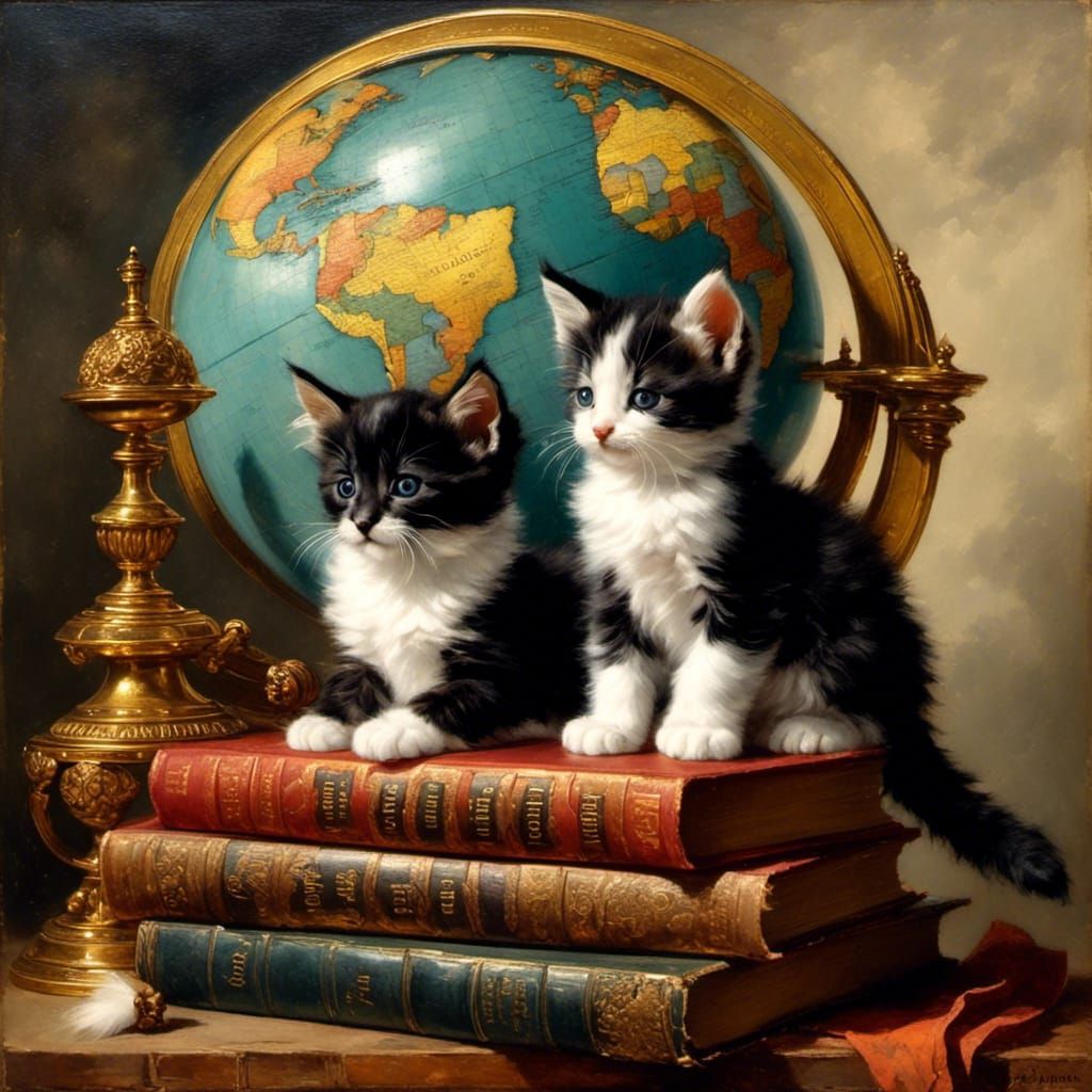 Kittens Playing: Detailed Oil Painting in Stylized Style