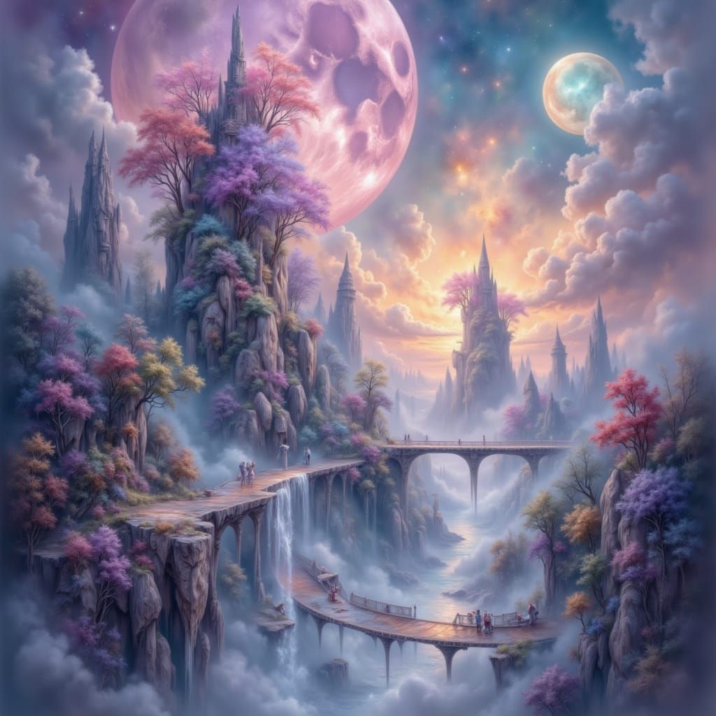 Floating Islands with Crystal Bridges Under Alien Moons