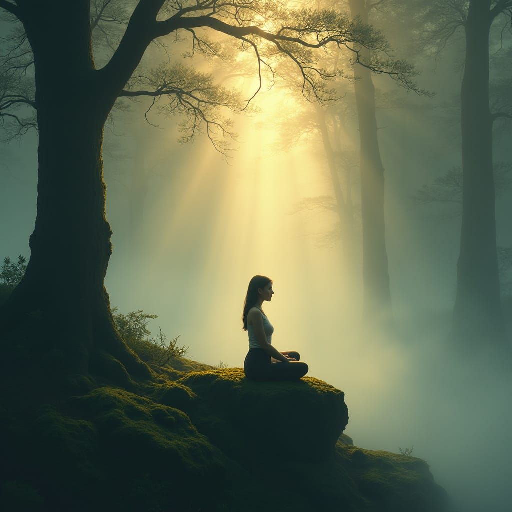 Meditative Figure in Mystical Forest Dawn