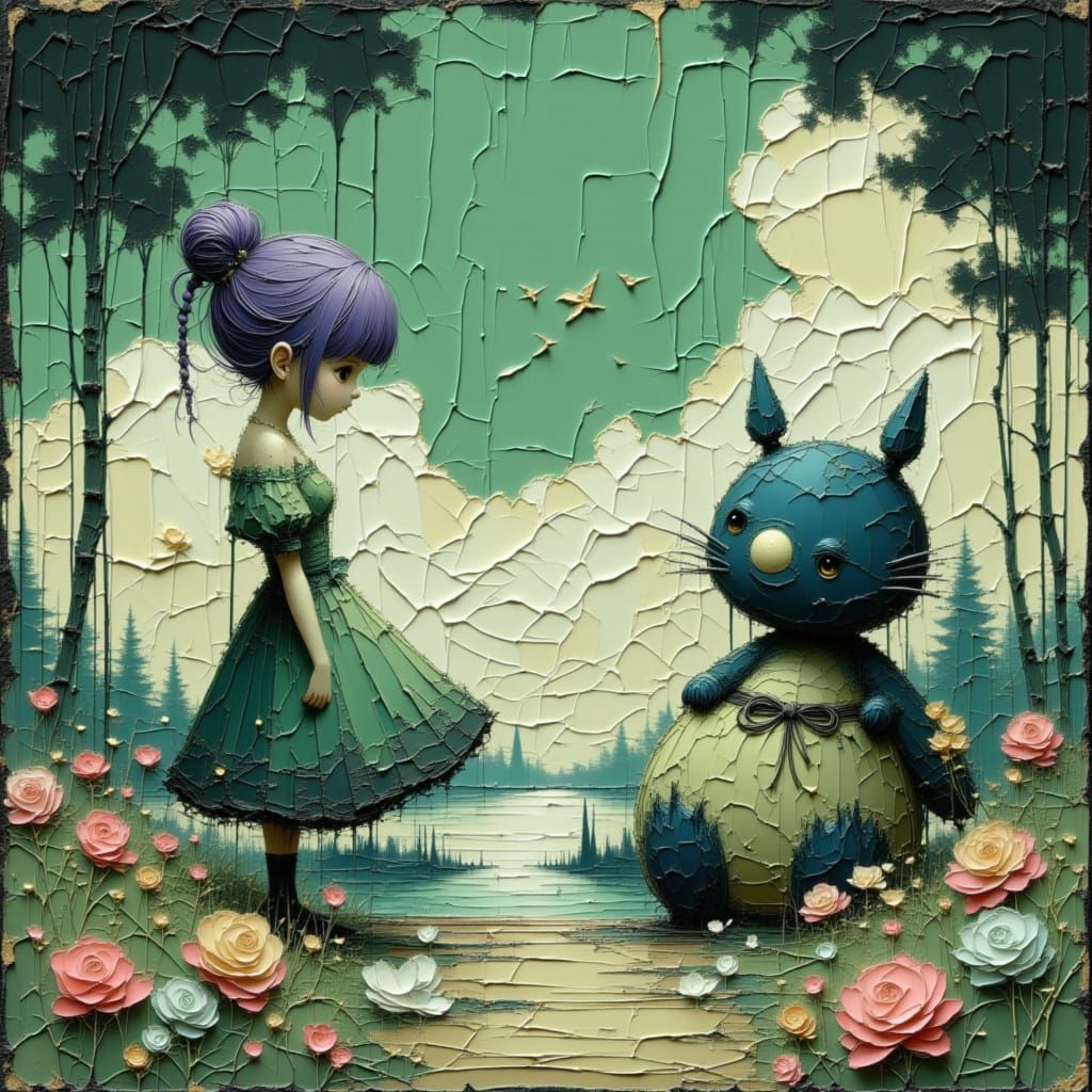 Studio Ghibli Anime Couple With Totoro in Spring Wood