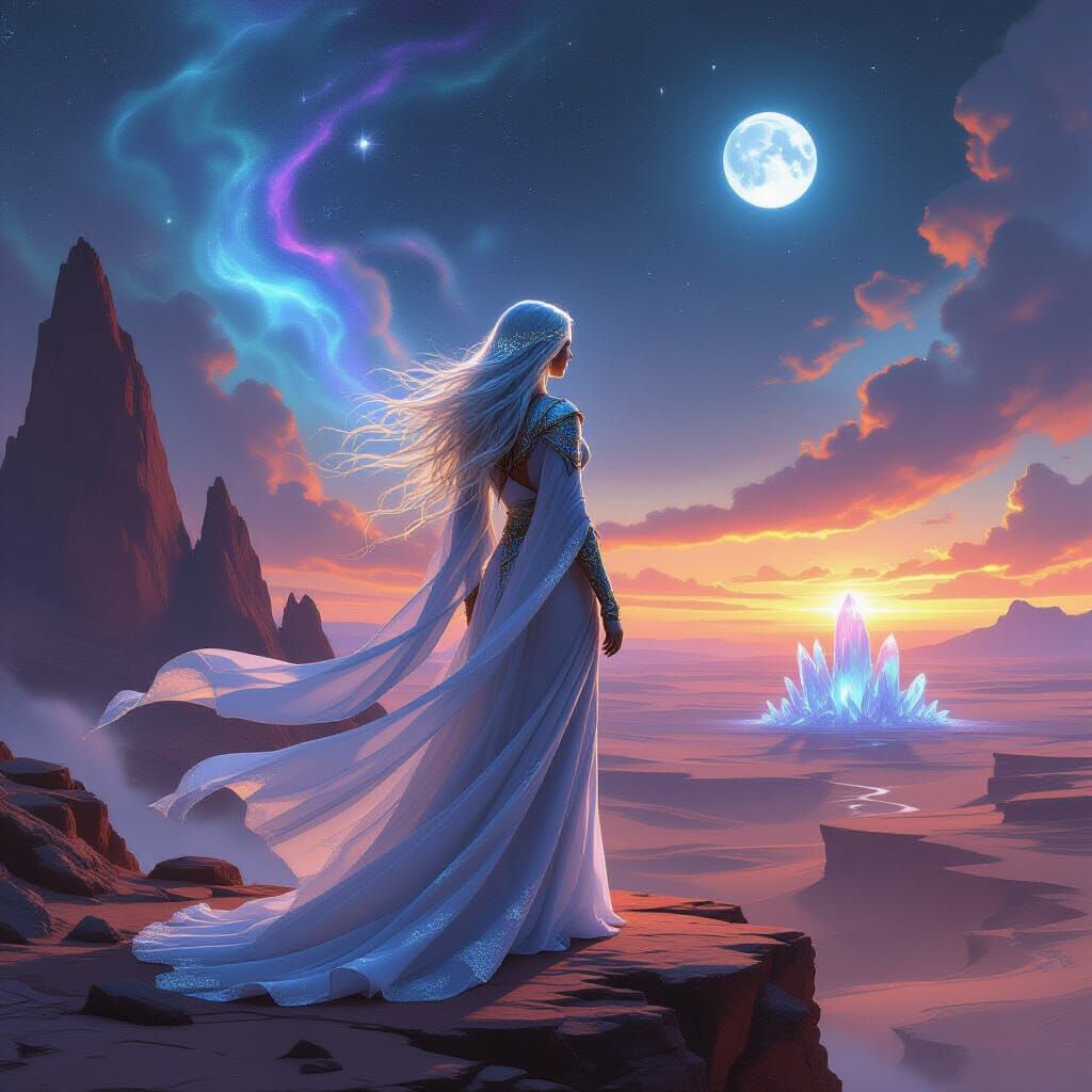 Sorceress on Precipice: Alien Desert Under Swirling Nebulae