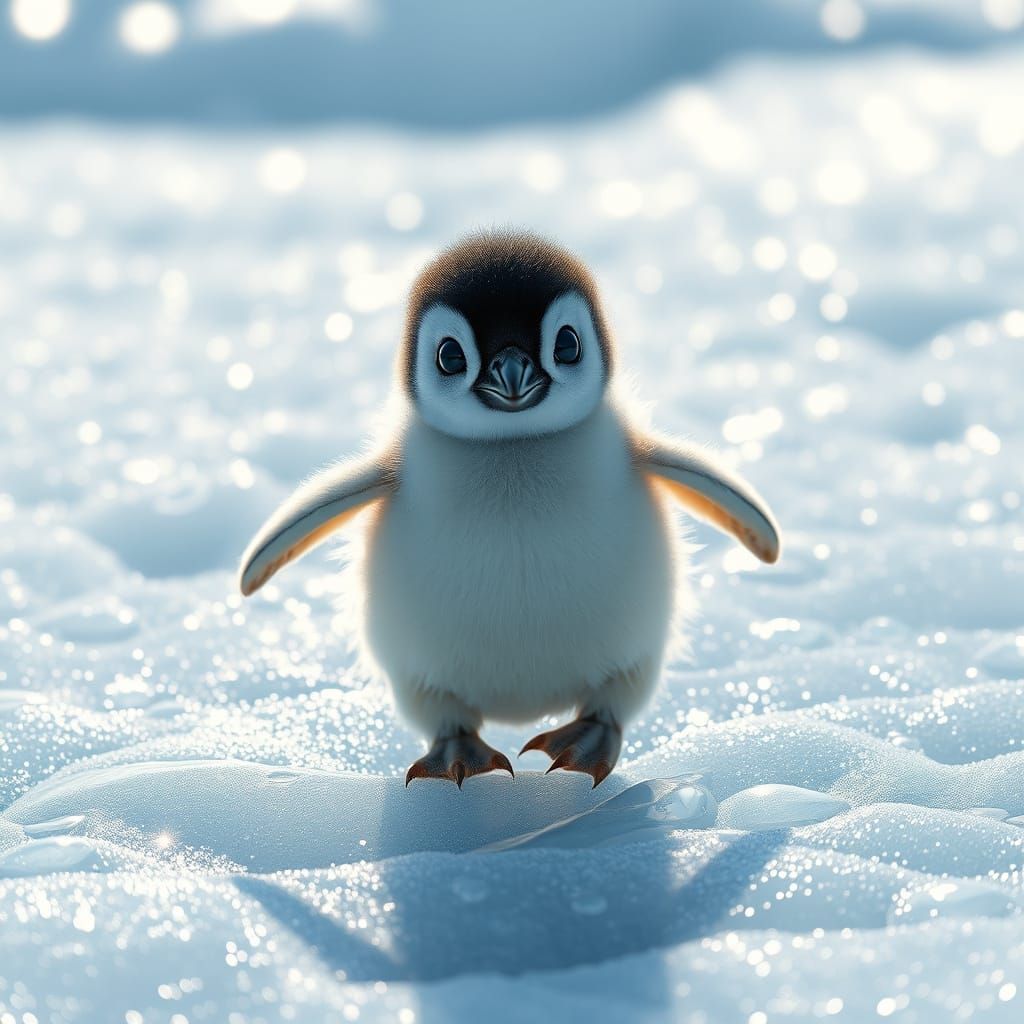 Whimsical Penguin Chick Waddles Across Glittering Glacier