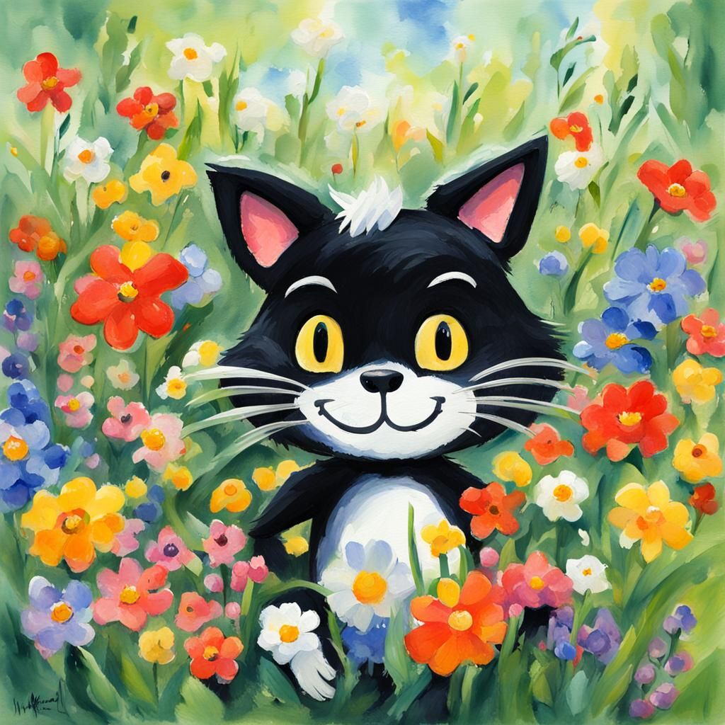 Felix the Cat with Spring Flowers in Gouache Style