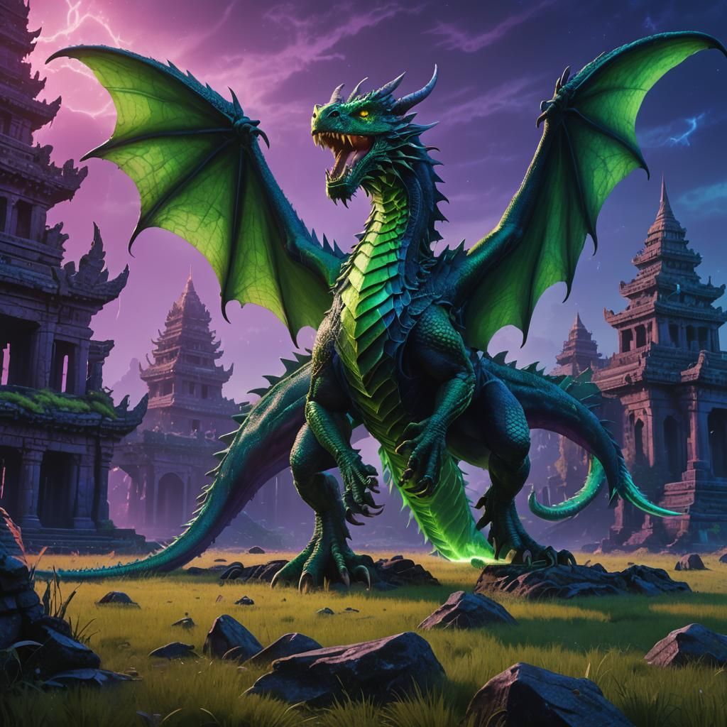 Neon Dragon Landing in Dark Fantasy Landscape