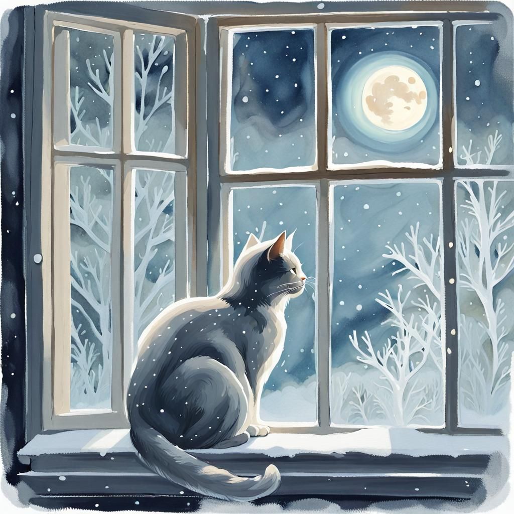 Whimsical Cat Contemplates Winter Moonlight