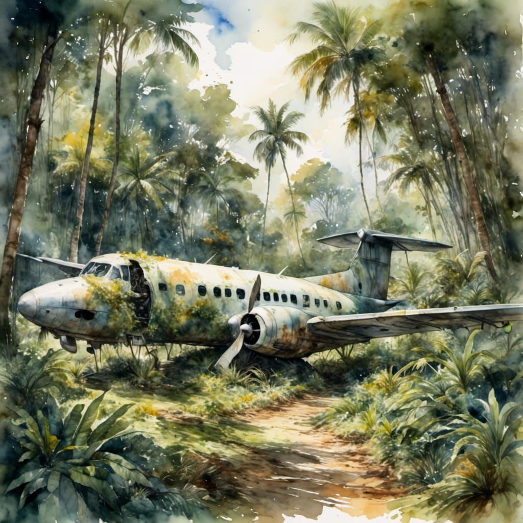 Epic Jungle Crash in Vibrant Watercolor Style