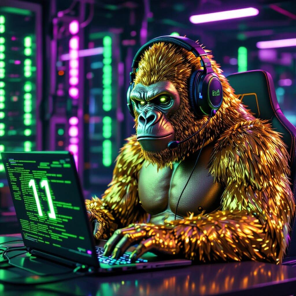 Cyberpunk Gorilla Coding in Neon Data Center