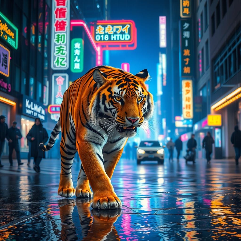 Bengal Tiger in Cyberpunk Cityscape
