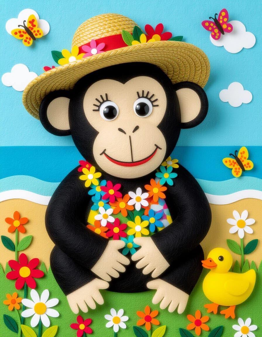 Felt Art Chimpanzee on Colorful Beach Holiday