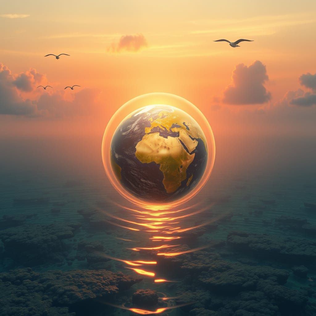 Earth in Bubble Above Ocean at Sunset