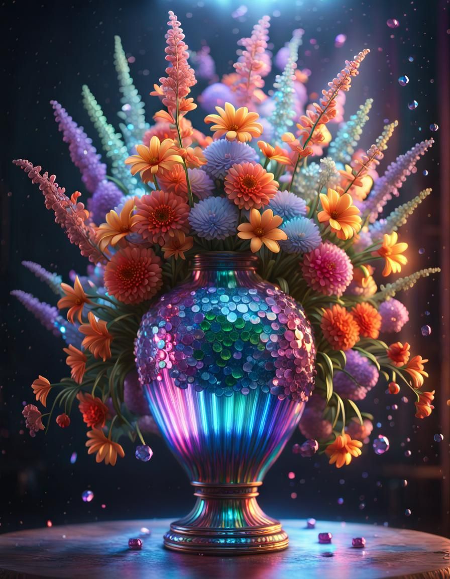 Iridescent Vase Overflowing with Crystal Flowers