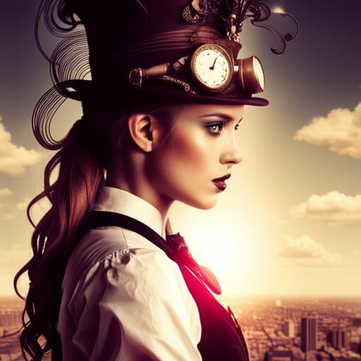 Dynamic epic photography by Alberto Seveso of a young woman in a gorgeous steampunk costume, cute lighting (high definit...