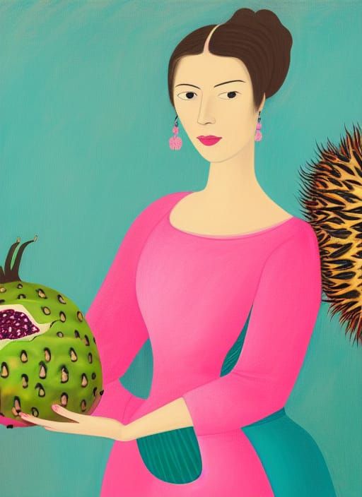 Woman in Teal Dress Holding Dragon Fruit