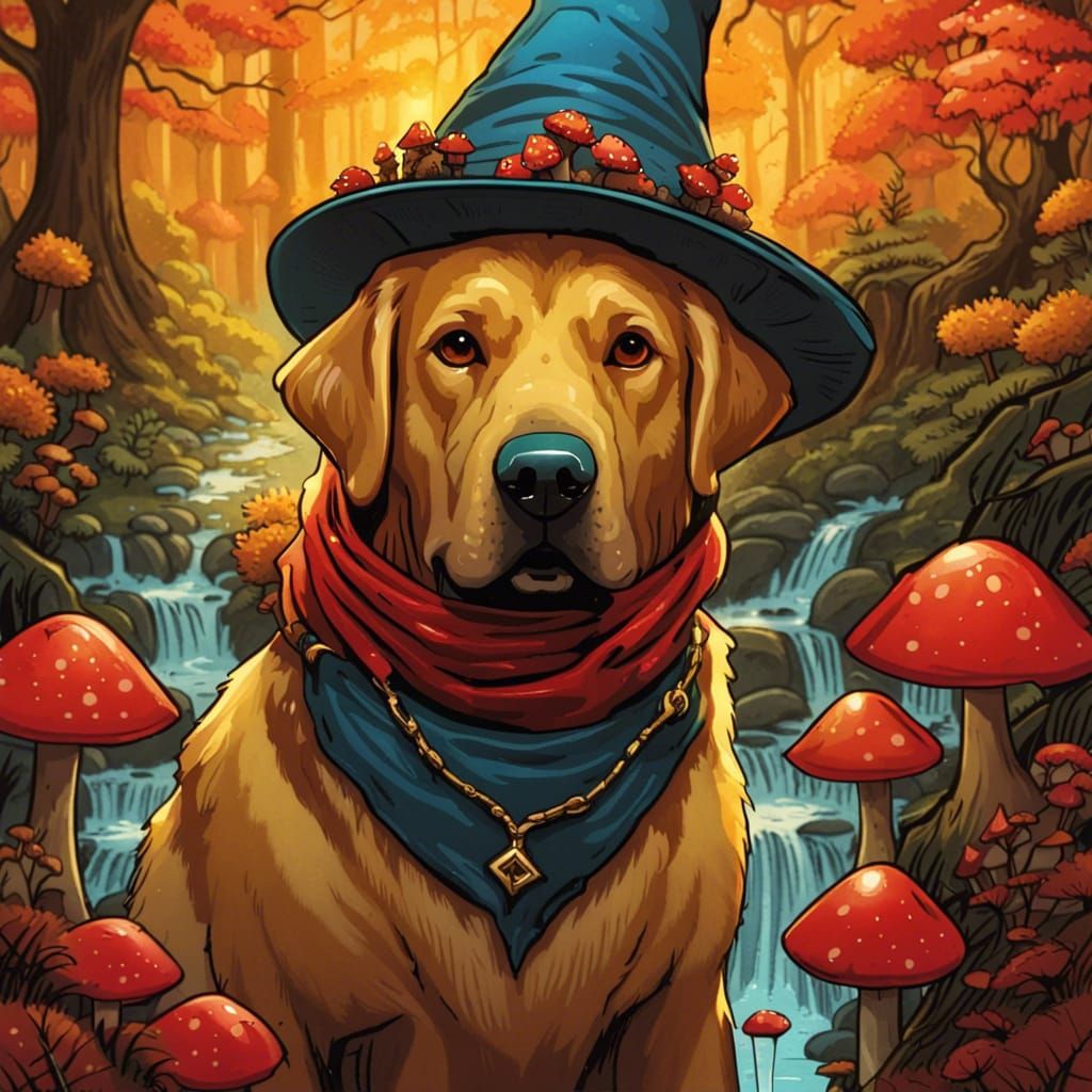 Gothic Cottagecore Labrador Wizard in Autumn Forest