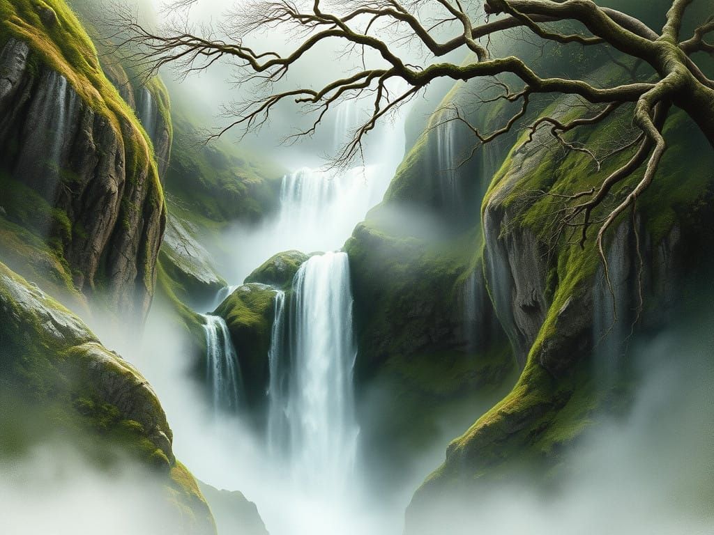 Atmospheric Landscape with Cascading Waterfall in Foggy Vall...
