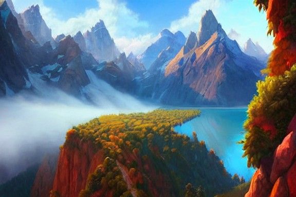 Majestic Mountain Landscape in Oil Painting Style