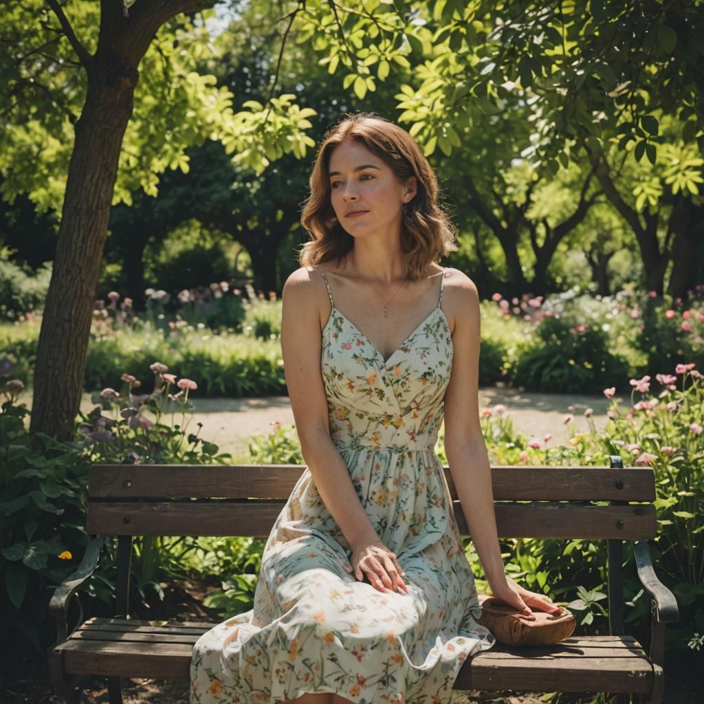 Woman in Sundress in Shaded Garden