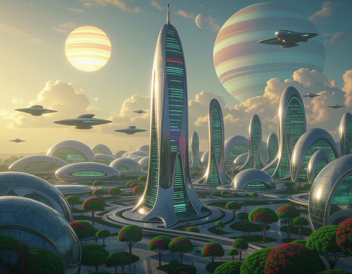 Bioluminescent Alien Cityscape with Spaceport Skyscraper