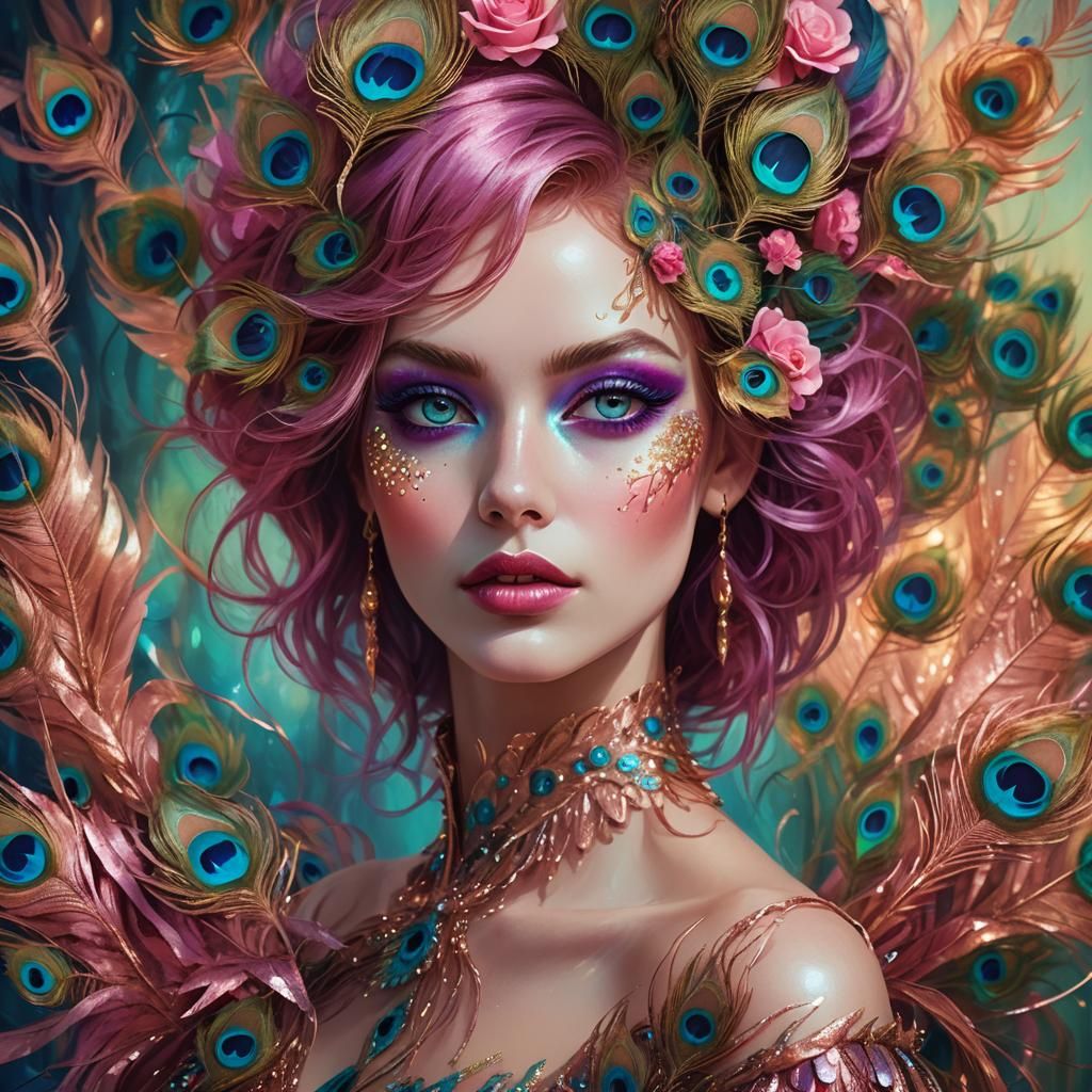 Rose Gold Woman with Peacock Feathers, Fantasy Portrait