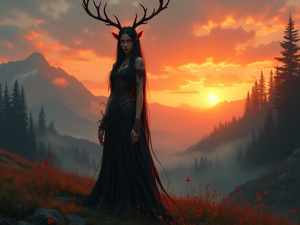 Sad Woman with Antlers in Sunset Glade