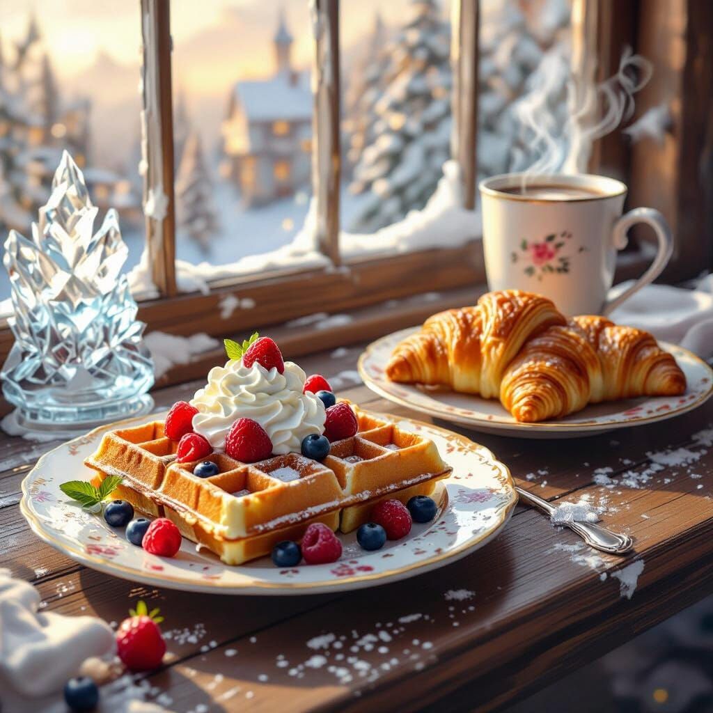 Fantasy Breakfast with Waffles and Croissants