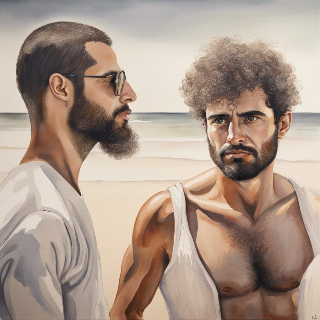 2 hirsute handsome 30 year old Lebanese men on a beach The painting watercolour features art by chuck close. An oil pain...