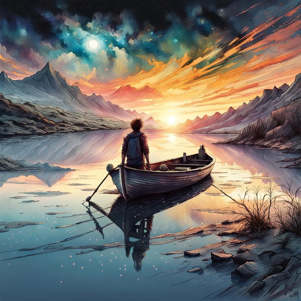 Mystical Sunset Lake with Boat and Stars