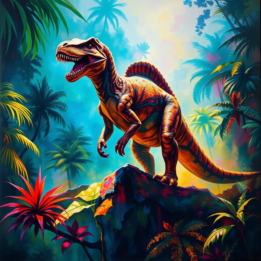 Prehistoric Creature in Vibrant Jungle, Neo-Impressionist St...