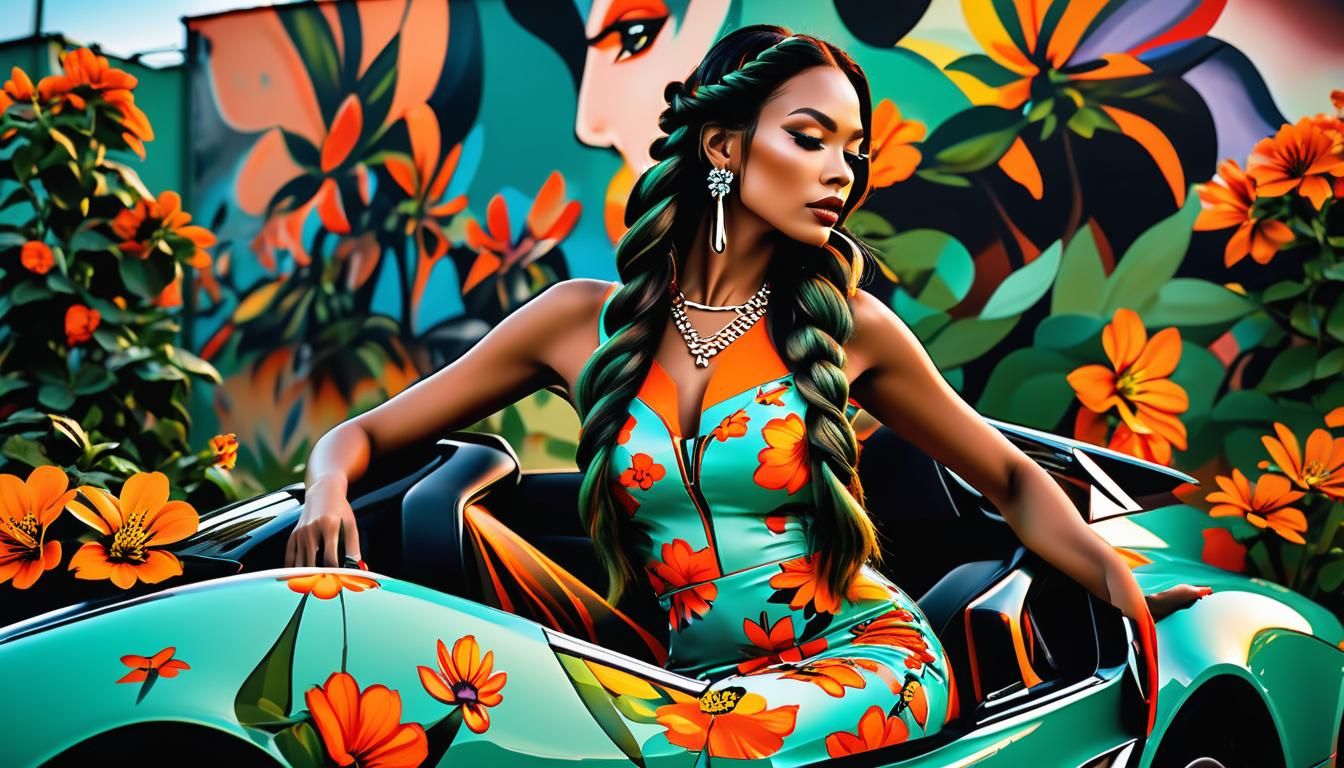 Fashion Model in Supercar: Vibrant Pop Street Art