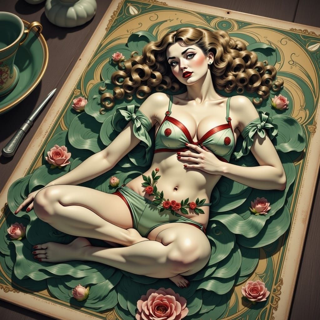 Art Nouveau Woman on Playing Card Illustration