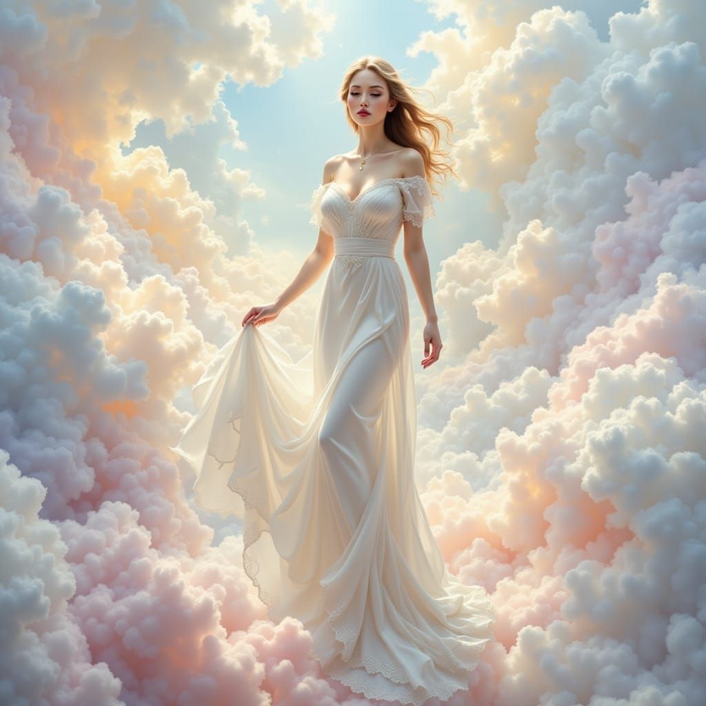 Serene Woman Surrounded by Pastel Clouds
